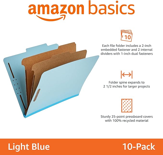Amazon Basics Classification Folder with Prongs, 100% Recycled, 2 Dividers, 2" Embedded, 12.17 x 10.39 inch (Letter) Size, Light Blue, 10 Count per Box