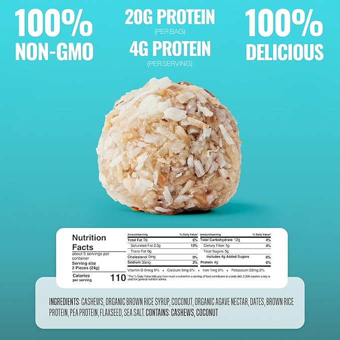The GFB Coconut Cashew Protein Bites - Gluten Free, Plant Based, Non GMO, Sustainably Made – Ridiculously Tasty, Healthy, Vegan, Protein Energy Balls, 4 oz (6 Count)