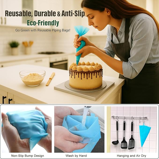 Piping Bags and Tips Set, Reusable Cake Decorating Supplies with 2 Reusable Bags, 12 Icing Tips, 2 Silicone Rings, 2 Couplers and 3 Scrapers, Cake Baking Tools for Cookie Icing Cupcakes
