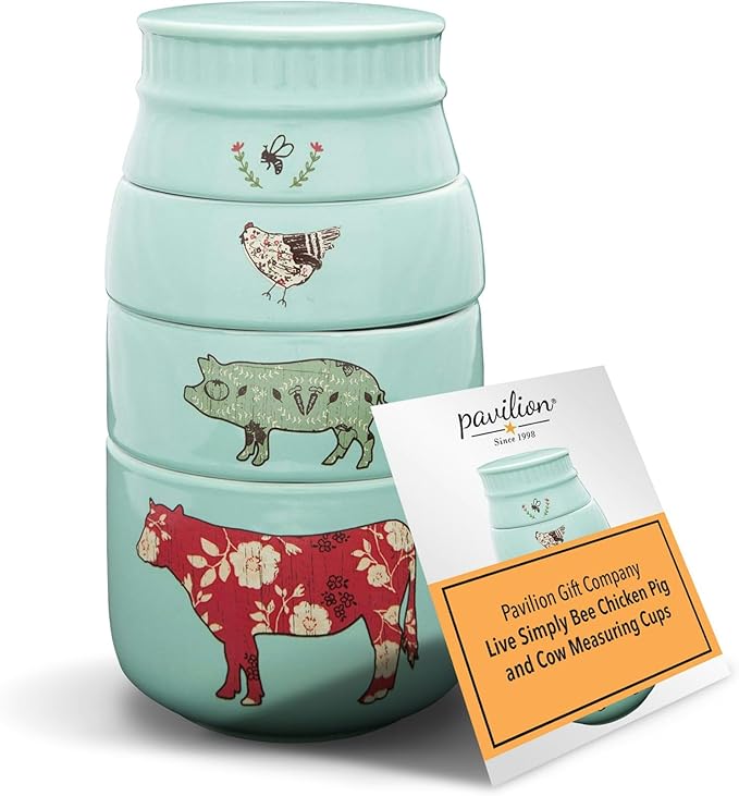 Pavilion Gift Company - 'Live Simply Bee, Chicken, Pig, and Cow' - 4-Piece Stoneware Measuring Cups Set, Sturdy Farmhouse-Style Kitchenware for Home Baking, Cooking, Gifting - Teal, 8 Ounces