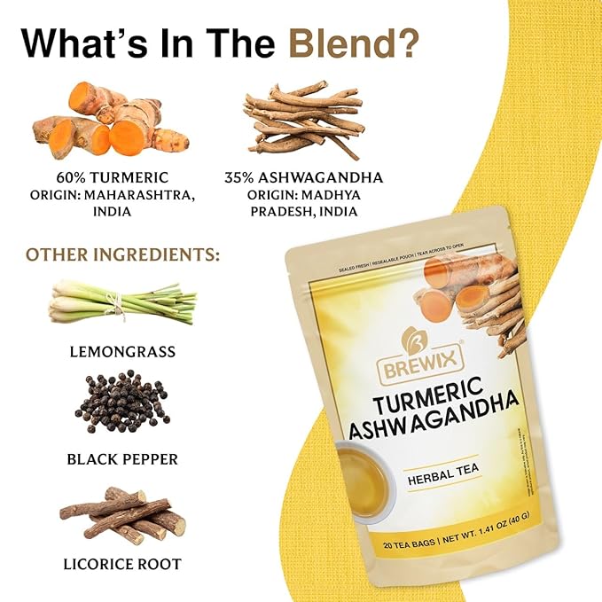 BREWIX, Turmeric Ashwagandha Herbal Tea Bags (20 Pyramid Tea Bags) Real Ingredients From India, Caffeine Free & Naturally Gluten Free | 100% Pure Herbal Blend Packed in Resealable Ziplock Pouch