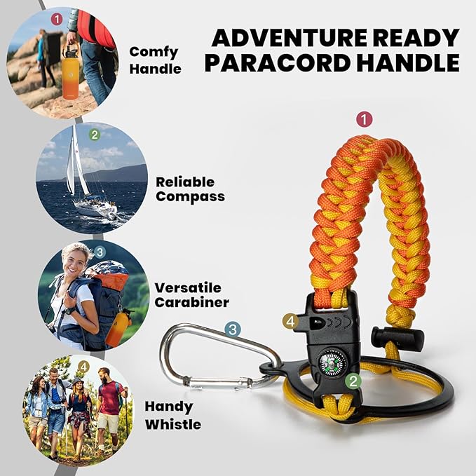 Insulated Water Bottle 87 oz, Triple Wall Vacuum Stainless Steel (Cold for 48 Hrs), Leak Proof & Non-BPA, Modern Water Flask Jug with Paracord Handle & Straw Spout Lids, Ombre Orange