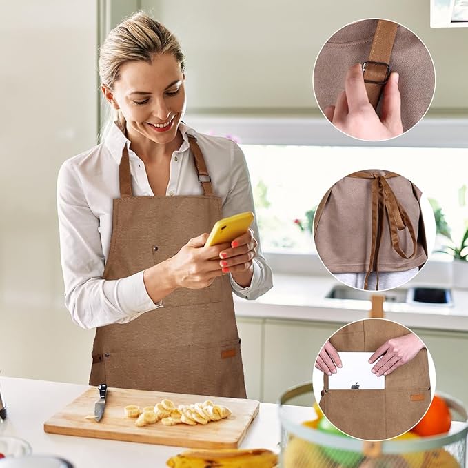 Chef Cooking Aprons for Men Women Thickened Canvas Cotton Apron with 4 Pockets for BBQ Work Kitchen（Brown）
