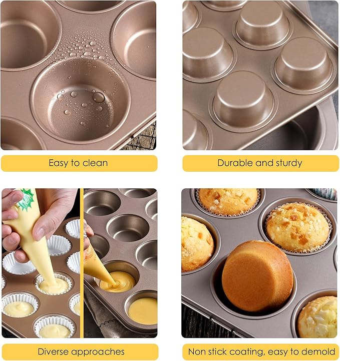 12-Cup Muffin Pan Tin for Baking, 2 Packs Nonstick Cupcake Pan Tin, Cup Cake Tray, Cheesecake Pans, Gold