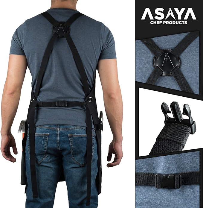 Asaya Chef and BBQ Apron with Bottle Opener and Hand Towel - 10oz Cotton Canvas, Stainless Steel Hardware - Cross Back Straps