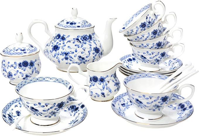 Bone China Tea Set, 21-Pieces Porcelain Tea Set for Adults, Tea Cups And Saucers for 6, with Teapot, Spoons, Sugar Bowl, Creamer Pitcher, Vintage Tea Set for Women Tea Party (Blue)