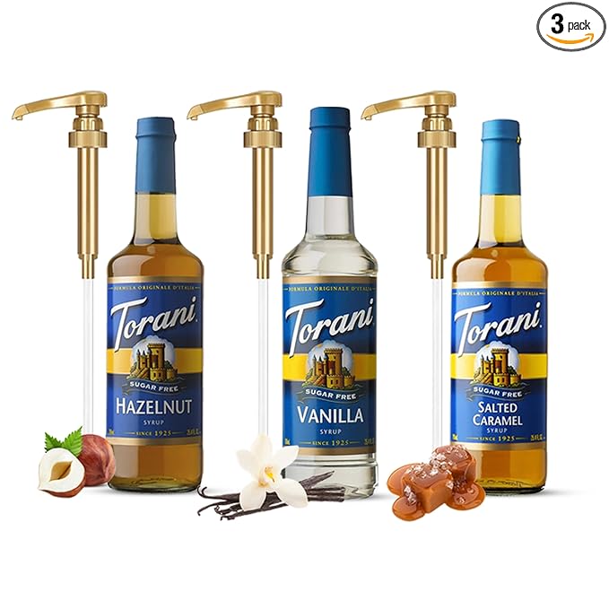 Coffee and Tea Syrup Variety Pack - Sugar Free Vanilla, Salted Caramel & Hazelnut Syrups for Coffee with 3 Jimoco Syrup Pump Dispenser Compatible with 25.4 Ounces