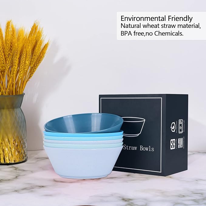32 Ounce Cereal Bowls, Unbreakable Wheat Straw Fiber Bowl, Lightweight Kitchen Bowls Microwave & Dishwasher Safe BPA Free Bowls, E-Co Friendly Bowls Set for Cereal, Salad,Oatmeal, Soup,Snacks -6 Color