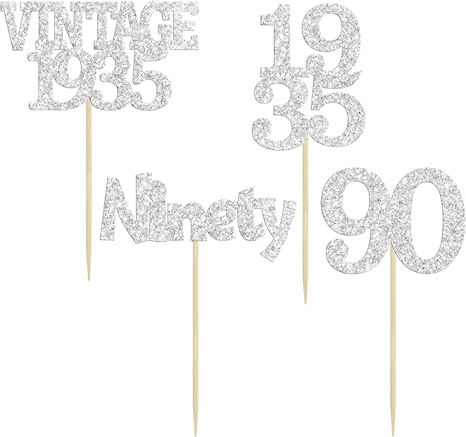 Gyufise 24Pcs 90th Birthday Cupcake Toppers Glitter Cheers to 90 Fabulous Ninety Vintage 1935 Cupcake Picks 90th Birthday Wedding Anniversary Party Cake Decorations Supplies Silver
