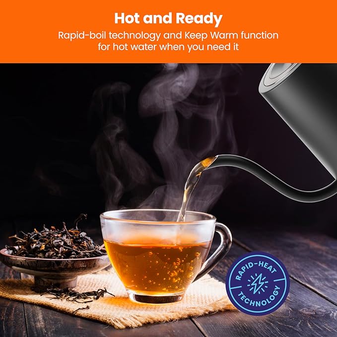 Chefman TrueTemp Precision Control Gooseneck Kettle, Internal Custom Temperature Control and 6 One-Touch Presets, Boil-Dry Protection Auto Shut-Off for Safety, For Pour Over Coffee and Tea, Black