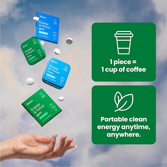 Neuro Energy & Focus Gum, Extra Strength - 100mg Natural Caffeine Gum & Nootropic Energy Supplement with L-Theanine & B Vitamins - Sugar Free, Vegan - Spearmint, 54ct