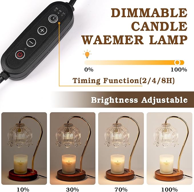 Candle Warmer Lamp with Timer Dimmer, Lotus Flower Dimmable Candle lamp Warmer, 2 Bulbs, Height Adjustable Wax Melt Warmer for Jar Scented Candles, Birthday Gifts Ideas for Women Mom, Home Decor