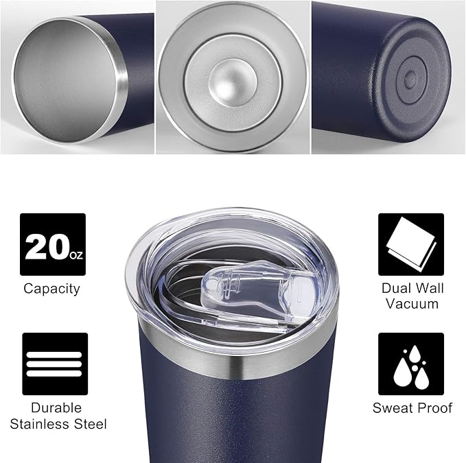 VEGOND Stainless Steel Tumblers Bulk 12 Pack, 20 oz Vacuum Insulated Skinny Tumblers with Lids and Straws, Double Wall Coffee Mug, Travel Water Cup, Navy Blue