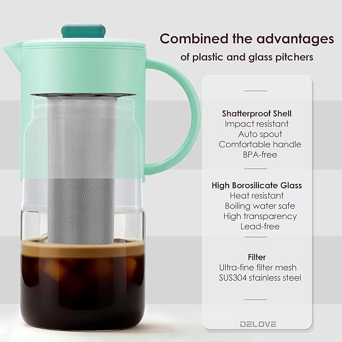 Delove Cold Brew Coffee Maker with Auto Spout – Shatterproof Plastic Shell, Wide Mouth Design – 62 oz (1.9 Quart) Iced Tea Glass Carafe with Removable Removable Mesh Filter (1, Light blue)