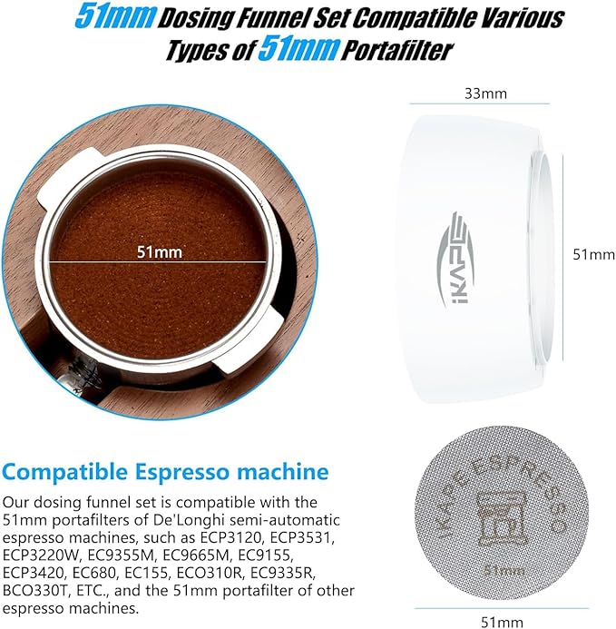 IKAPE Magnetic Dosing Funnel Set, 51MM Espresso Dosing Ring & Puck Screen Kit Compatible with Delonghi 51MM Bottomless Portafilter - with 8 Small Magnet (White)
