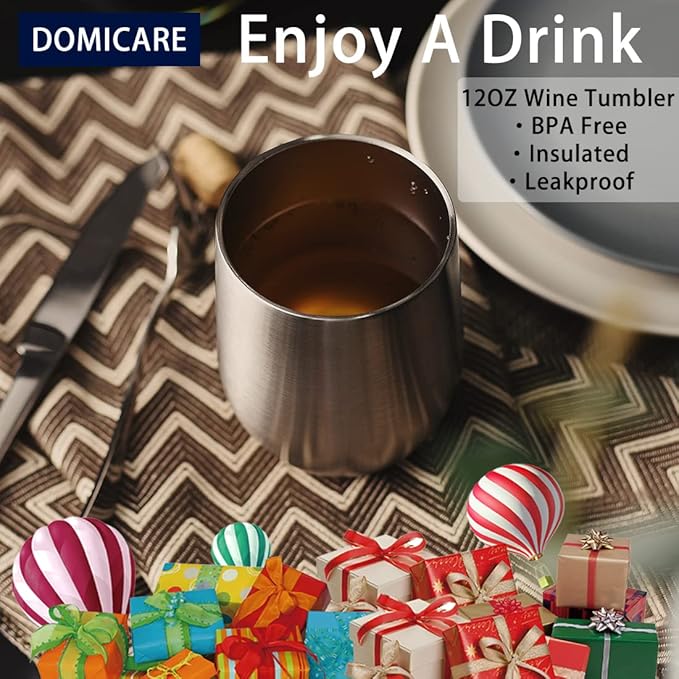 DOMICARE Stainless Steel Wine Tumbler Bulk with Lid, Personalized Insulated Tumblers Set, 12oz Travel Coffee Cups Pack of 8, ss steel
