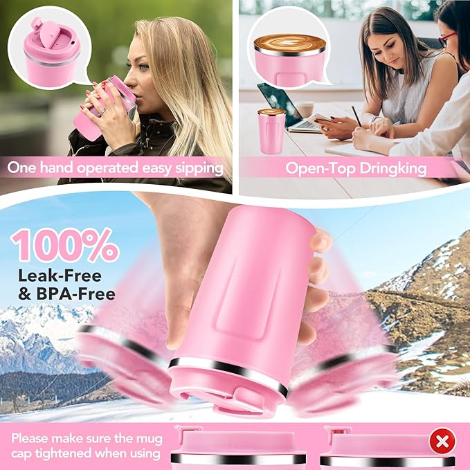 Volhoply 12 oz Double Wall Insulated Vacuum Travel Coffee Mug with Flip Lid Bulk 8 Pack,Reusable Stainless Steel Leak Proof Coffee Cup,Portable Cafe Thermal Tumblers for Hot & Cold Drinks(Pink,8 Set)