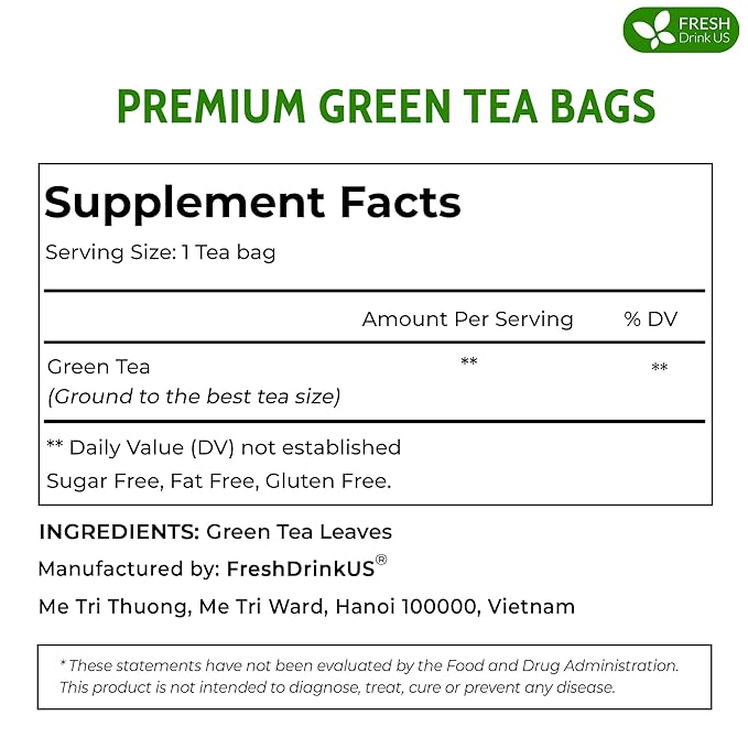 FreshDrinkUS, Premium 175 Green Tea Bags, 100% Natural & Pure from Green Tea. Green Herbal Tea. Made with Natural Material Tea Bags. No Sugar, No Gluten, Vegan