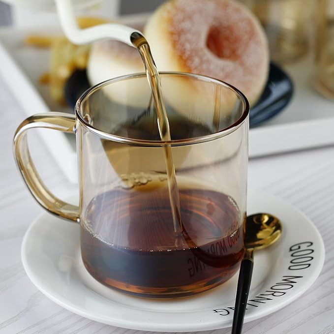 LUXU 4pcs Set Simple Glass Coffee Mugs-Hand Blown&Seamless Design,14 oz Amber Coffee Cups-Heat Resistant and Explosion-Proof,Lightweight Tea Mugs with Anti Scald Handle Ideal for Home,Cafe,Coffee Bar