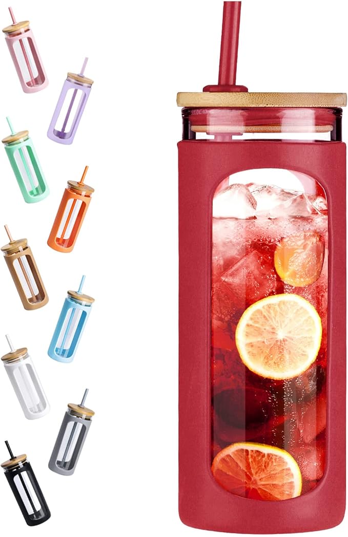 Kodrine 20oz Glass Tumbler with Straw and Lid, Iced Coffee Cups with Bamboo Lids, Glass Cups for Cold Drinks, Smoothie Cup with Silicone Sleeve for Travel, Work, BPA FREE-Barbados Cherry