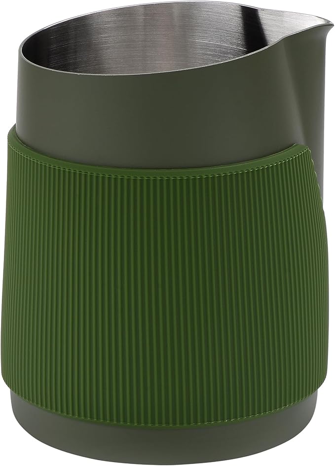 Normcore Handleless Milk Frothing Jug, Milk Pitcher 20.3 oz, Stainless Steel Latte Art Pitcher with Sharp Spout, Heat-Resistant Grip, Green, 600 ml