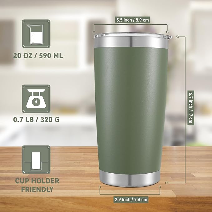 20 oz Tumblers Bulk Stainless Steel Tumbler with Lid Double Wall Vacuum Insulated Coffee Mug 20oz Powder Coated Cup for Hot and Cold Drinks, Army Green, 6 pack