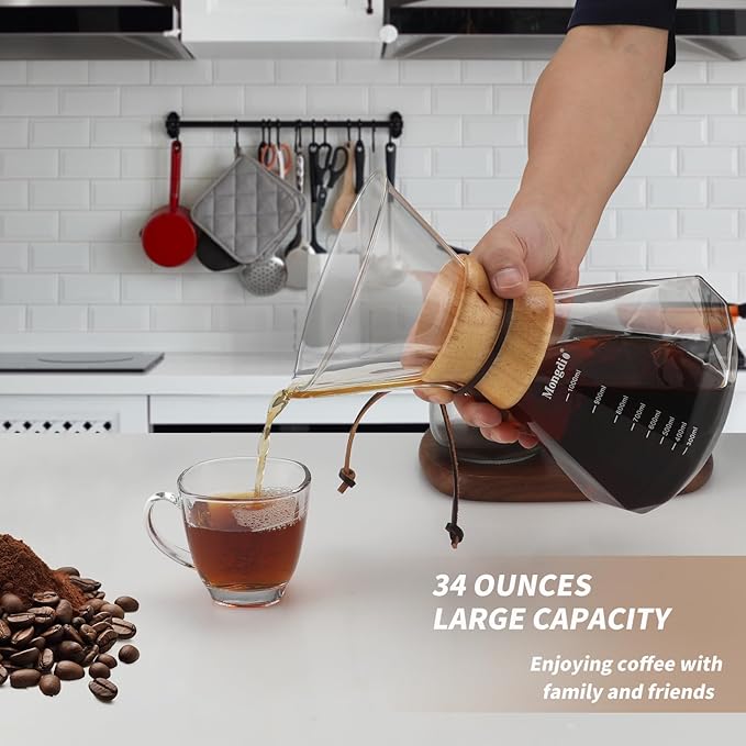 Mongdio 34oz/1000ml Pour Over Coffee Maker with Reusable Stainless Steel Filter and Wooden Collar Holder, 6-8 Cups Borosilicate Glass Coffee Maker for Camping Home, Clear