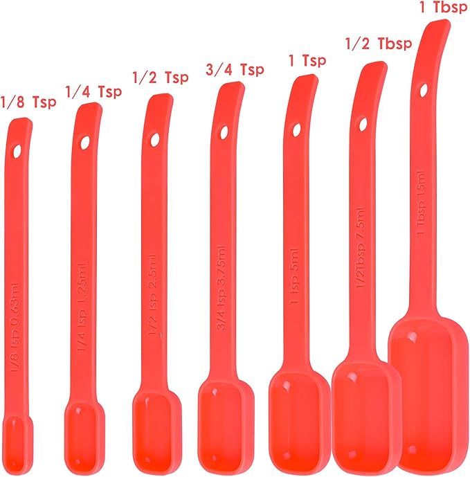 Red Measuring Cups and Spoons Set 15, 7 Plastic Measuring Cup Set, 7 Spice Long Handle Measuring Spoons with 1 Leveler for Kitchen and Baking, Dry Metric Measure Cups & Spoons Set
