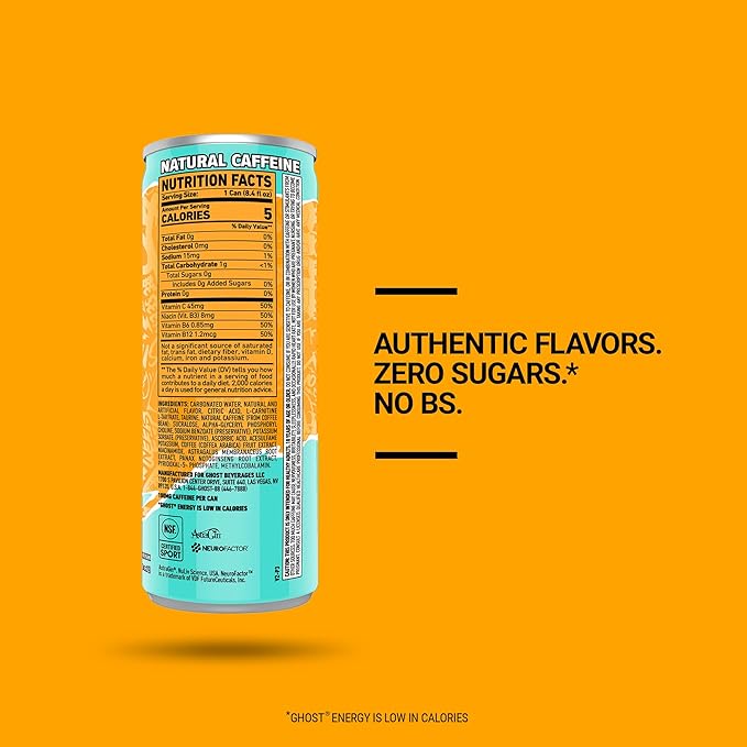 GHOST Energy Drink - 24-Pack, Tropical Mango, 8.4oz - Energy & Focus & No Artificial Colors - 100mg of Natural Caffeine, L-Carnitine & Taurine - Gluten-Free & Vegan
