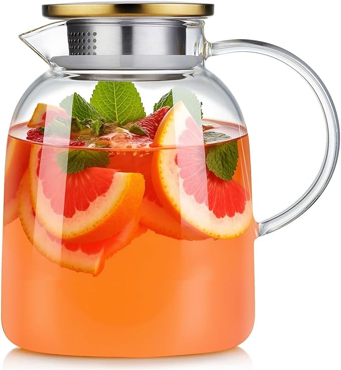 54OZ Glass Pitcher with Lid and Spout, Water Jug, Glass Carafe Water Pitcher for Hot/Cold Beverage, 1600ml for Tea, Juice, Coffee, Milk