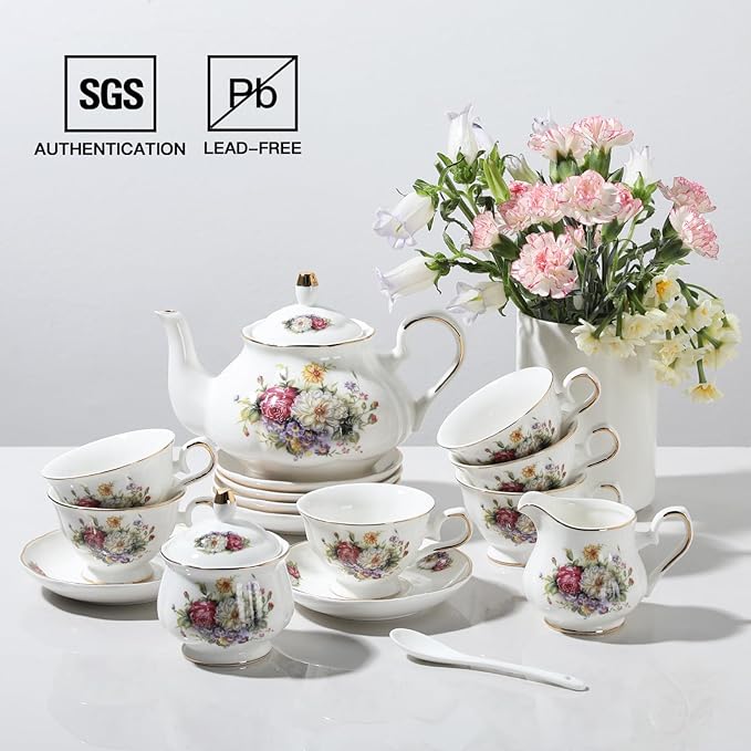 Sweejar Porcelain Tea Sets, Vintage British Floral Relief Gold Rimmed Teapot Cup and Saucer Set, Tea Set Service for 6, with Teapot, Sugar Bowl, Milk Jug, Spoons, Tea Cup and Saucer (Flower Style)