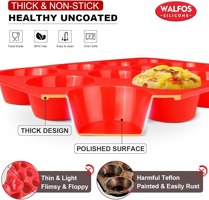 Walfos Muffin Pan Set - 12 Cups Regular Silicone Cupcake Pan, Non-stick and BPA Free, Great for Making Muffin Cakes, Tart, Fat Bombs - Dishwasher Safe, 2-Piece