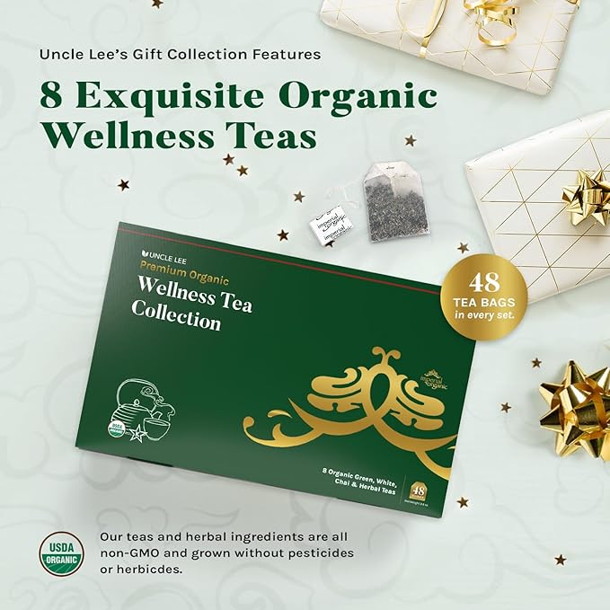 Uncle Lee’s Organic Tea Variety Gift Set – Wellness Collection with 8 Teas (6 Bags Each) in a Premium Gift Box, 3.3 Oz