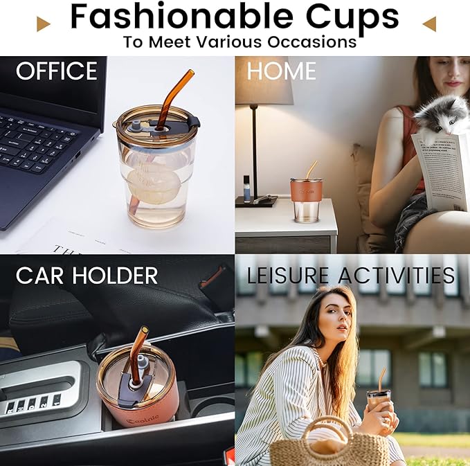 Iced Coffee Cup, 15 oz Glass Cups With Lids And Straws, Iced Coffee Glasses Tumbler, Thick Wall Mug For Tea Water With 2 Straw And Leather Sleeve, Glass Tumbler Gifts