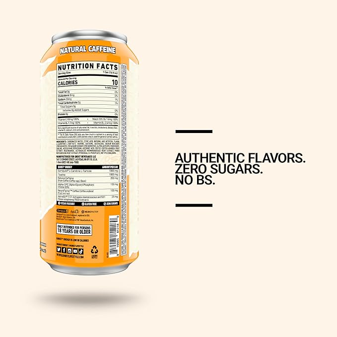 GHOST Energy Drink - 12-Pack, Orange Cream, 16oz Cans - Energy & Focus & No Artificial Colors - 200mg of Natural Caffeine, L-Carnitine & Taurine - Gluten-Free & Vegan