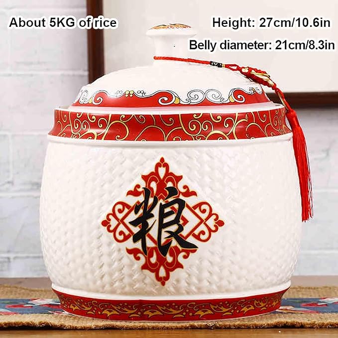 Chinese Sealed Large-Capacity Rice Pot, Ceramic Rice Bucket With Tassel Design, Grain Storage Ceramic Container, Rice Dispenser Airtight Storage Bucket For Grains Snacks Candy Coffee Beans Food(F,Capa