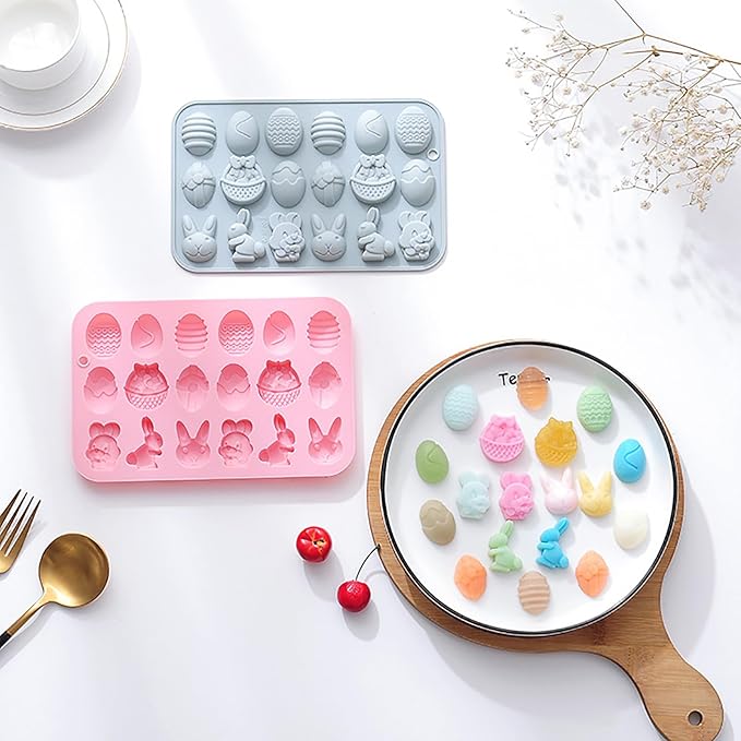 2 Pcs Easter Silicone Chocolate Molds, 18 Cavity Mini Bunny Egg Candy Molds Design for Making Jellies, Soft Candy, Ice Cubes, Wax Melts, Soaps, Resin etc Cake Decoration