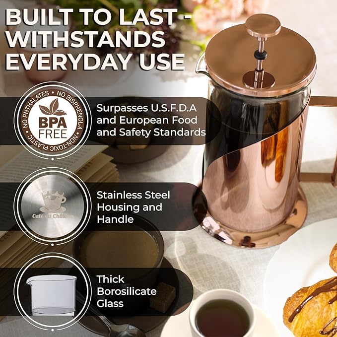 Cafe Du Chateau Stainless Steel French Press Coffee Maker - 34oz Insulated Coffee Press with 4-Level Filtration, BPA Free, Durable Glass, Great for Tea