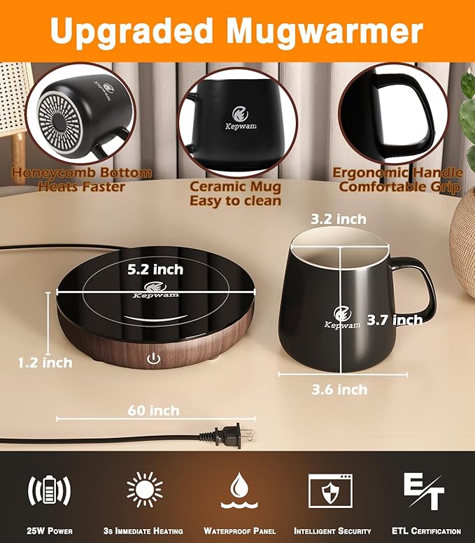 Coffee Mug Warmer & Kepwam Mug Set, Gravity Sensor Cup Warmer for Desk with LED Light, 3 Temp Settings & 6H Auto Shut Off, Coffee Warmer Plate for Coffee,Tea - Coffee Lovers Present for Men Women