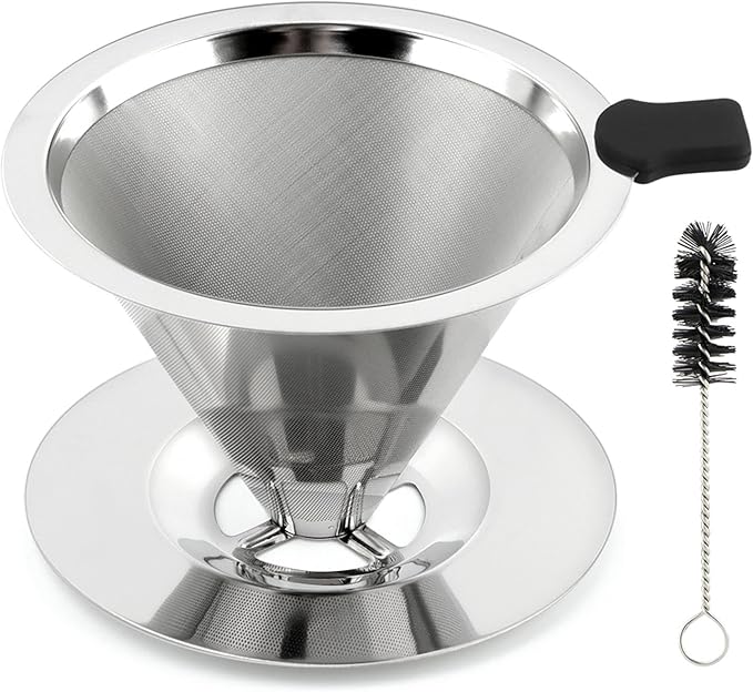 Pour Over Coffee Dripper with Cleaning Brush, Stainless Steel Cone Coffee Filter Fine Mesh Double Layer, Paperless Reusable Coffee Filter, Drip Cone Brew Coffee Strainer(SIZE:Medium)