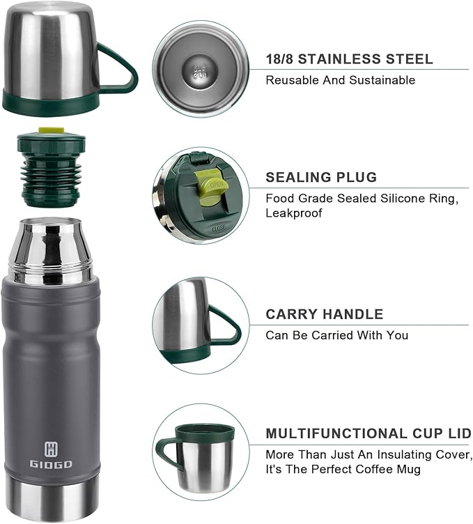 Vacuum Insulated Water Bottle Thermo Water Flask with Cup 680ml/23oz Stainless Steel Thermal Water Bottles Thermo for Hot and Cold Drinks Coffee Water(Dark Grey,Set)