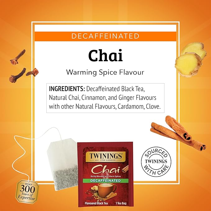 Twinings Decaffeinated Chai Individually Wrapped Bags, 20 Count (Pack of 6), Sweet, Savoury Spices, Enjoy Hot or Iced, 120 Teabags