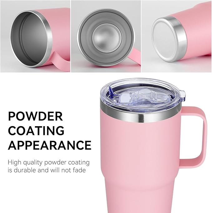 VEGOND 20 oz Tumbler with Handle Lid and Straw, Stainless Steel Insulated Travel Coffee Mug Spill Proof Double Wall Metal Tumbler Cup Keeps Drink Hot and Cold, Pink 1 Pack