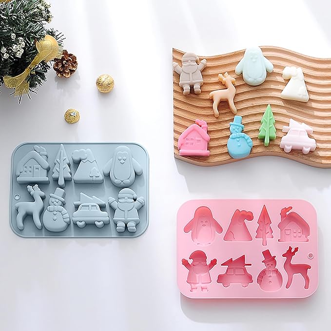 2 Pack Christmas Silicone Chocolate Molds, 3D Snowman Elk Xmas Tree Penguin Santa Claus Snowmobile Christmas Hat House Shape Candy Baking Molds for DIY Handmade Soap Mini Cakes Jello Fondant