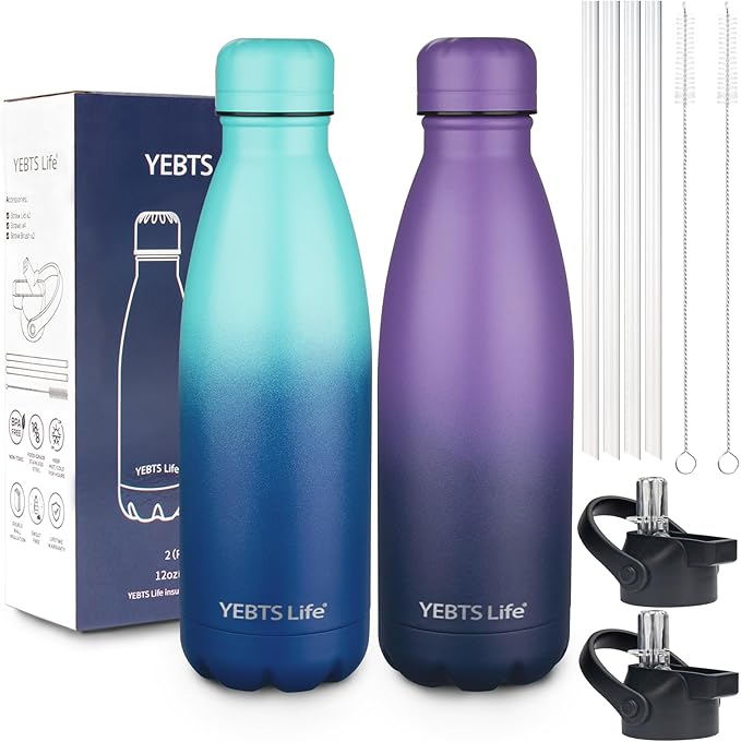 Insulated Water Bottle, 2 Pack-12oz Stainless Steel Water Bottles with straw lid, Metal Sports Water Bottles for Boys,Girls, Double Wall Vacuum BPA-Free Flask for Sports (Purple Ocean)