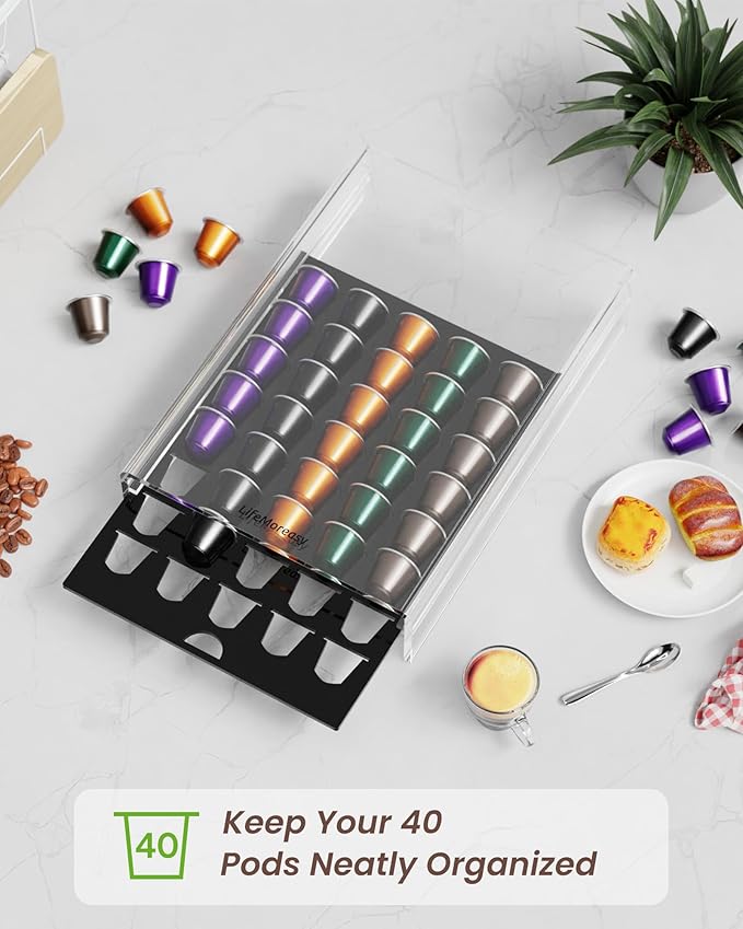 Storage Drawer for Nespresso Original Line， Coffee Pod Holder for Counter Acrylic Coffee Capsule Organizer - 40 Pods