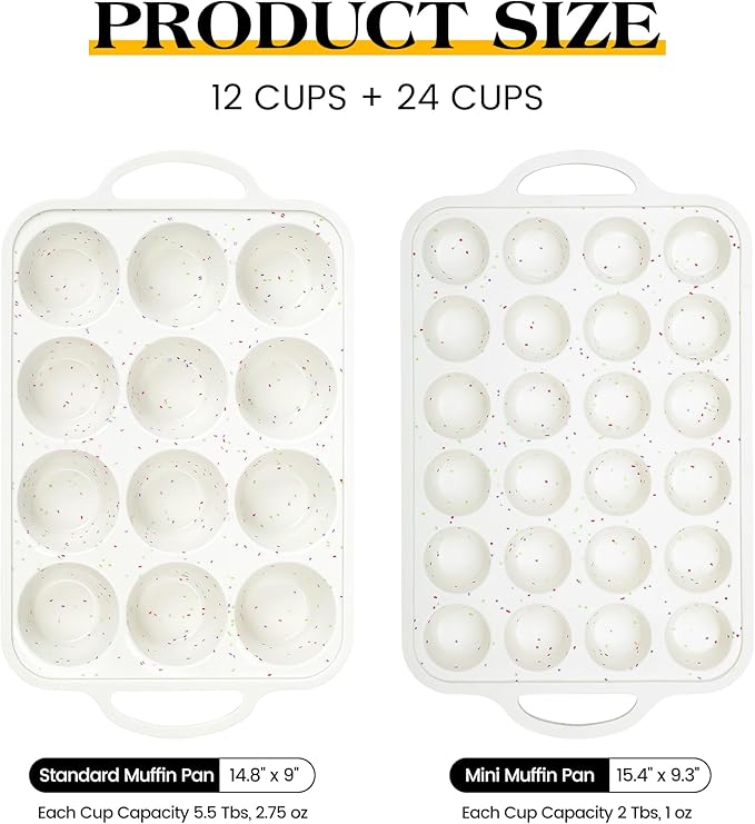 Regular 12 Cup and Mini 24 Cup Nonstick Cupcake Pan Set Silicone Muffin Pan for Baking Silicone Cupcake Mold with Metal Reinforced Frame BPA Free (2 Pcs, Cream)