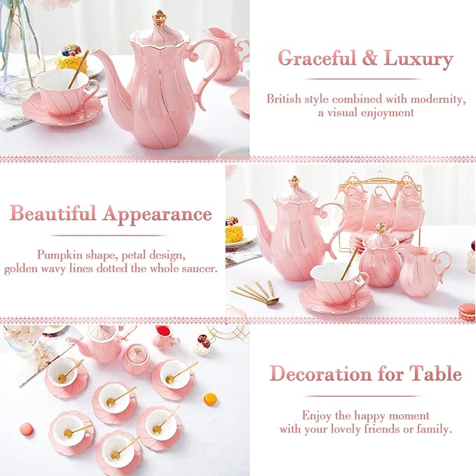 DUJUST 22 pcs Porcelain Tea Set for 6, Luxury British Style Tea/Coffee Cup Set with Golden Trim, Beautiful Tea Set for Women, Tea Party Set, Gift Package (With a Stand) - Pink