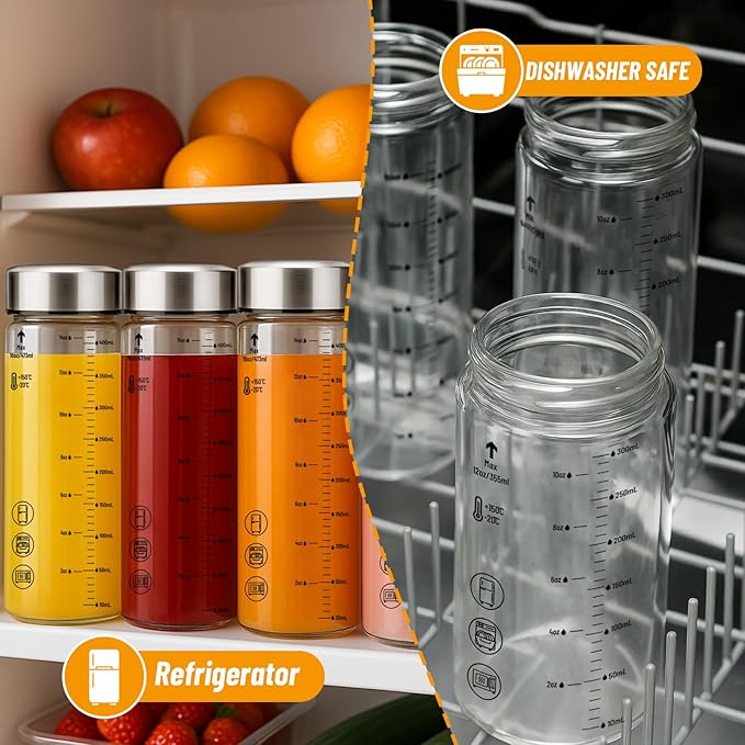12oz Glass Water Bottles with Lids, 4 Pack Reusable Wide Mouth Juice Bottles with Stainless Steel Caps, Leakproof Borosilicate Glass for Juicing, Smoothies & Storage, BPA-Free,Dishwasher Safe