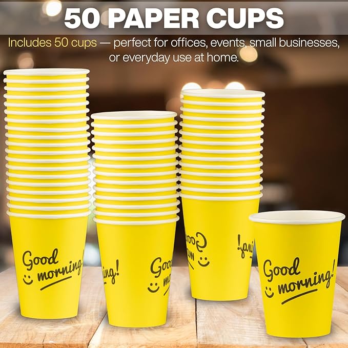 Smygoods Disposable Coffee Cups, To Go Paper Hot Cups, Good Morning Design (12 OZ, 50 Count) For Hot Beverages, Coffee, Tea, Espresso, Cocoa - Vasos Para Cafe